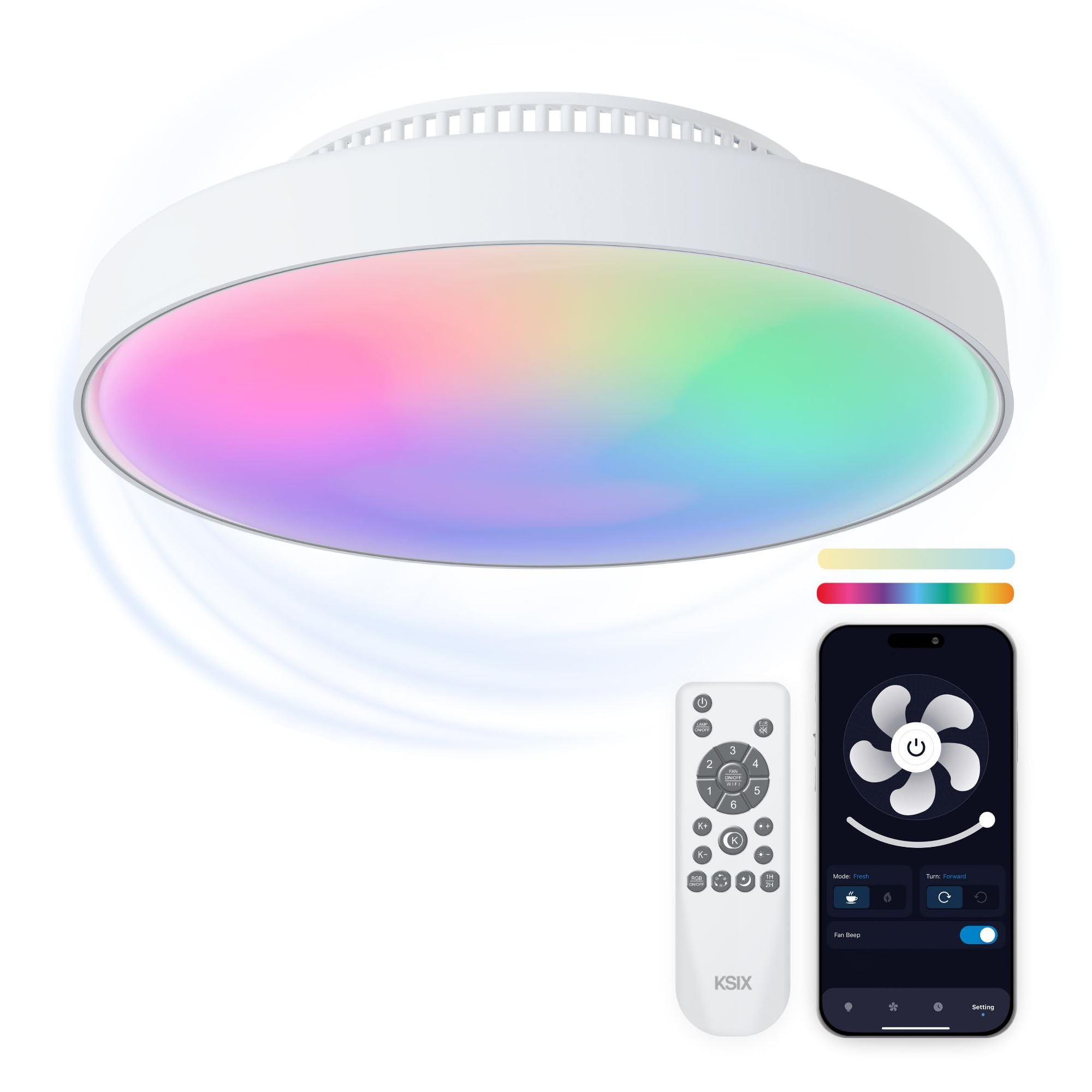 KSIX Mistral Ventilador de techo sin aspas con luz LED regulable RGBIC+CCT, 4.000 lm, Ø43,6 cm, 6 velocidades, Temporizador, App Tuya Smart