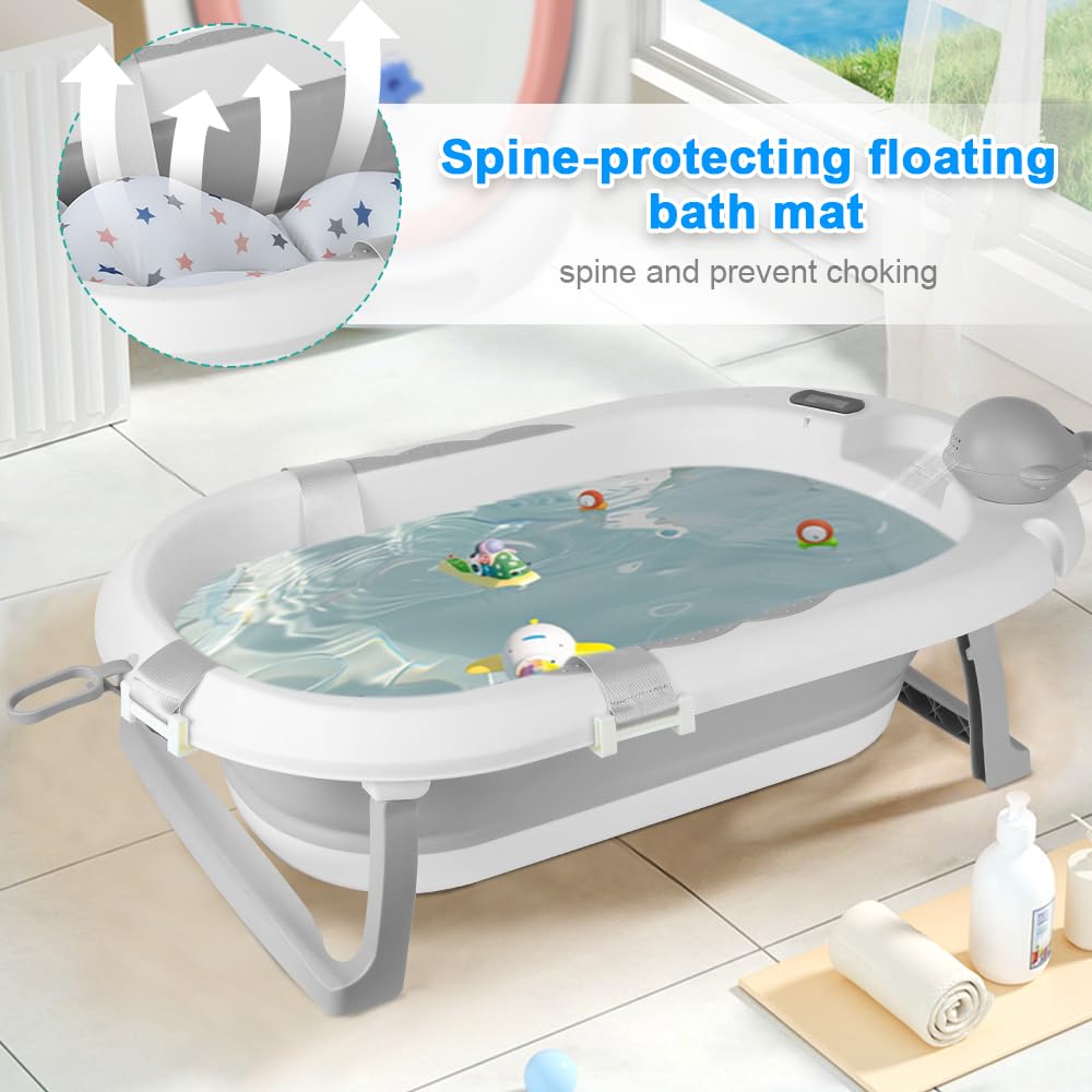 Bañera plegable para bebés con estructura, termómetro, cojín de baño y gorro de baño, bañera para bebé con sistema de drenaje, material PP y TPE (gris, 55 x 40 x 90 cm)