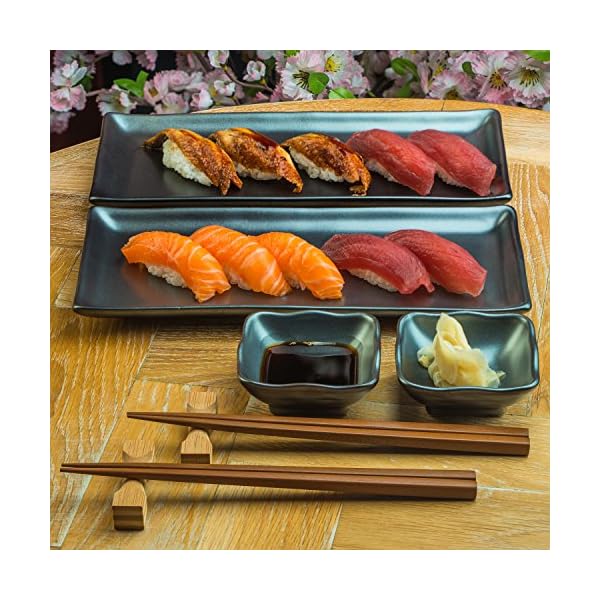 Japanese Sushi Plate Set with Sauce Dishes & Chopsticks in Black Sumi Glaze Japanoscope