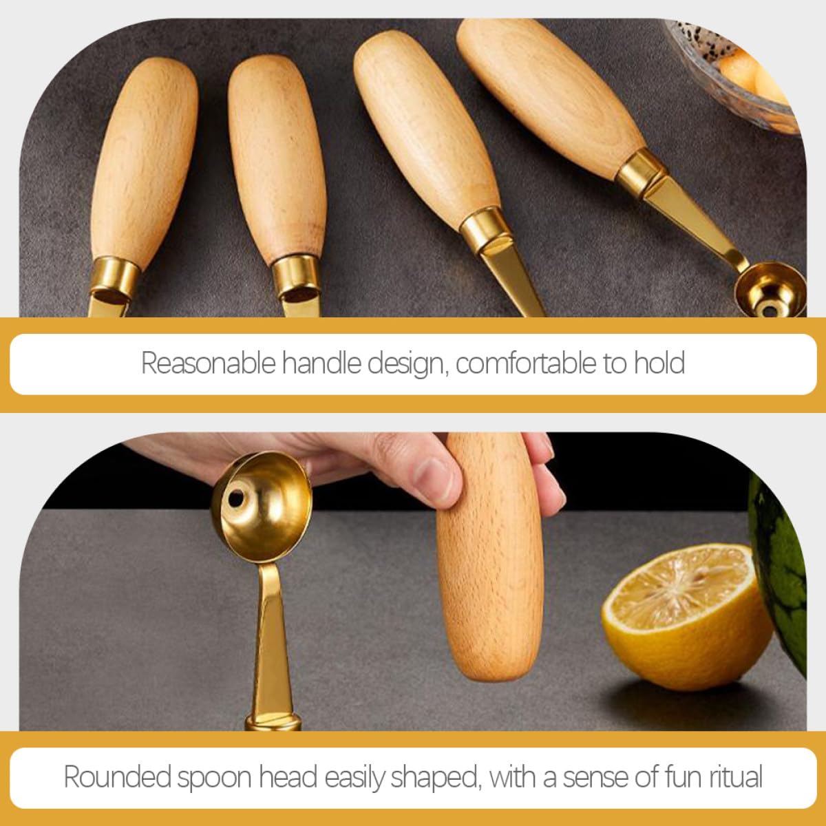 y Diseño Sencillo para Hacer de Melón 4 Cucharas de Acero Inoxidable y Madera, Bordes Redondeados para Café y Hogar