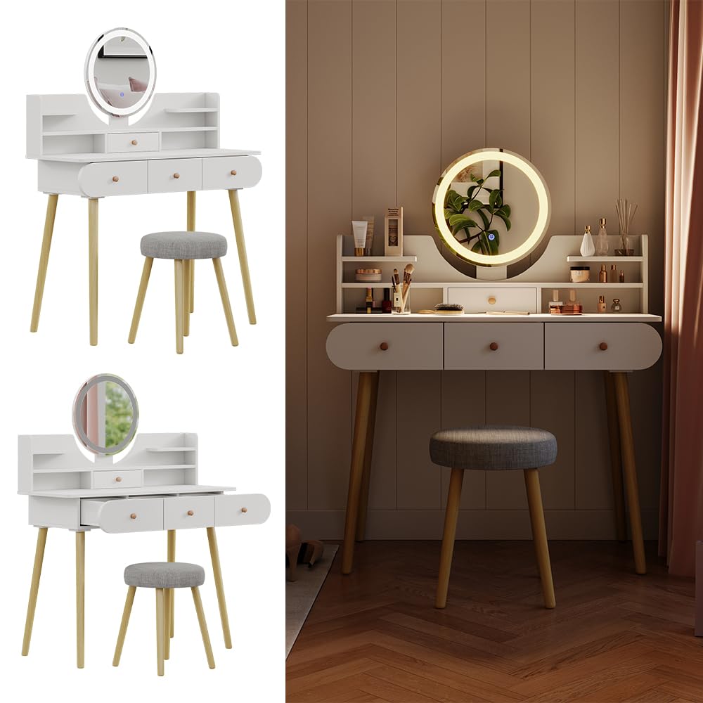 Vicco Toaletka "Edda", Biały, 100 cm | z lustrem LED i stołkiem, avec miroir LED rond et tabouret assorti