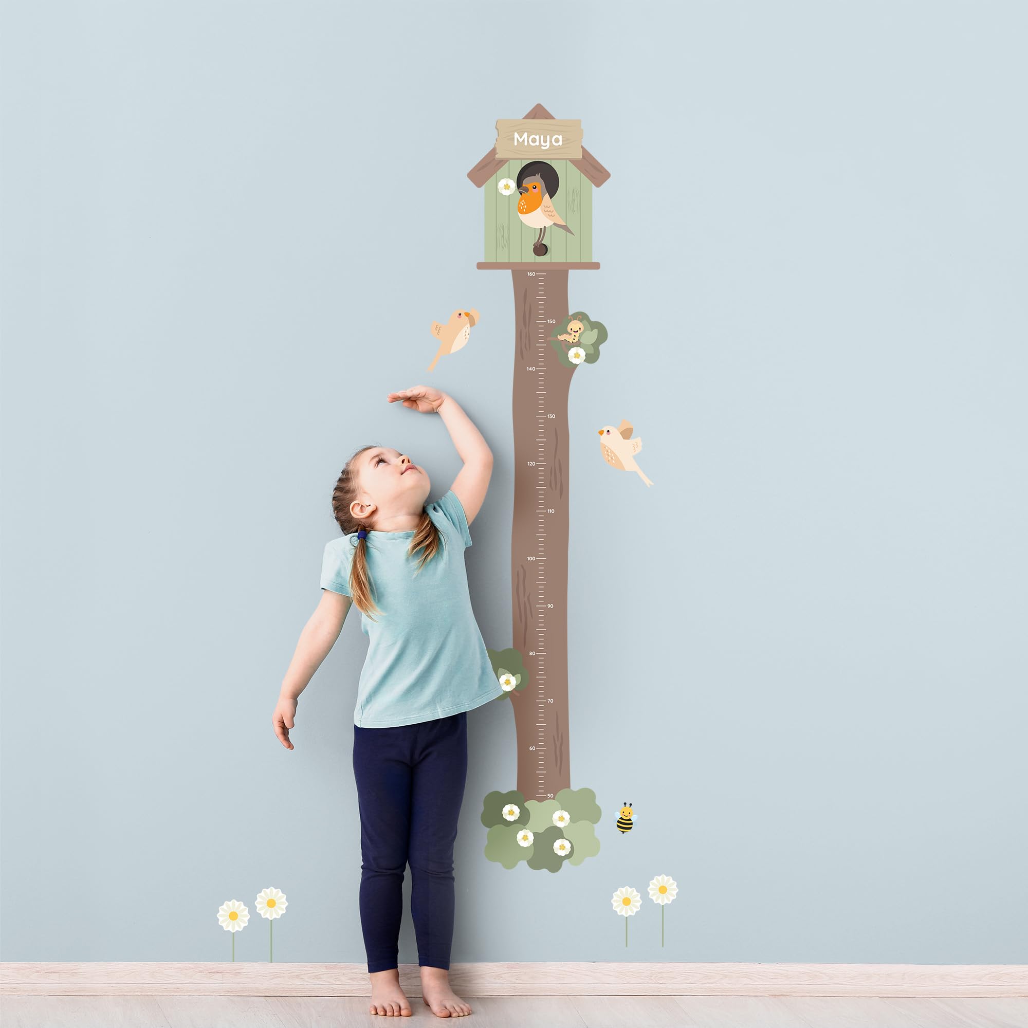 Klebekerlchen® | Personalisierte Messlatte als Wandtattoo fürs Kinderzimmer | Zum Messen der Körpergröße bis zu 160 cm | Inklusive individueller Personalisierung - Vogelhaus