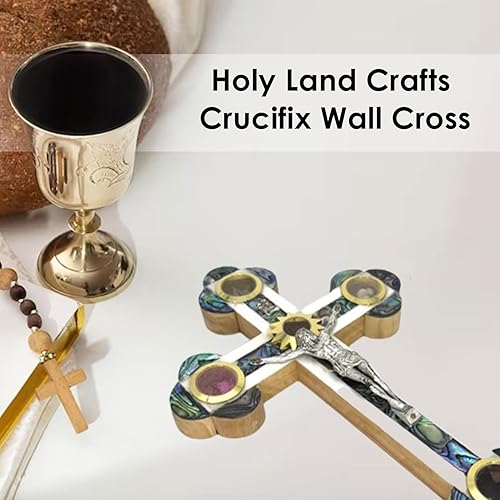 Miniatura 2 de Olive Wood Catholic Wall Hanging Crucifix Covered with Mother of Pearl, Decorative Wooden Wall Cross with Relics from the Holy Land, Cross Gift for