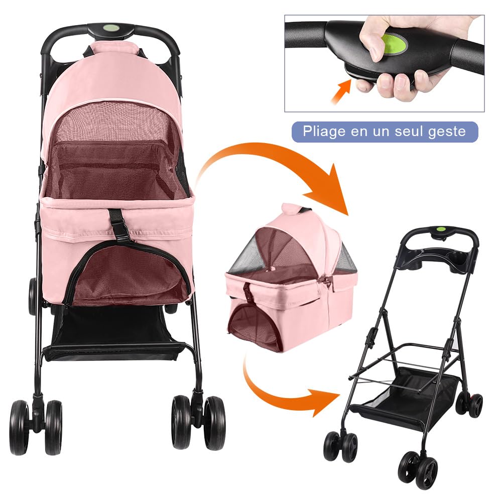 Homewell Passeggino per gatti e cani pieghevole, cestino rimovibile, passeggino per animali domestici, carrello per gatti portatile, con cestino ventilato, spazio di archiviazione e portabicchieri