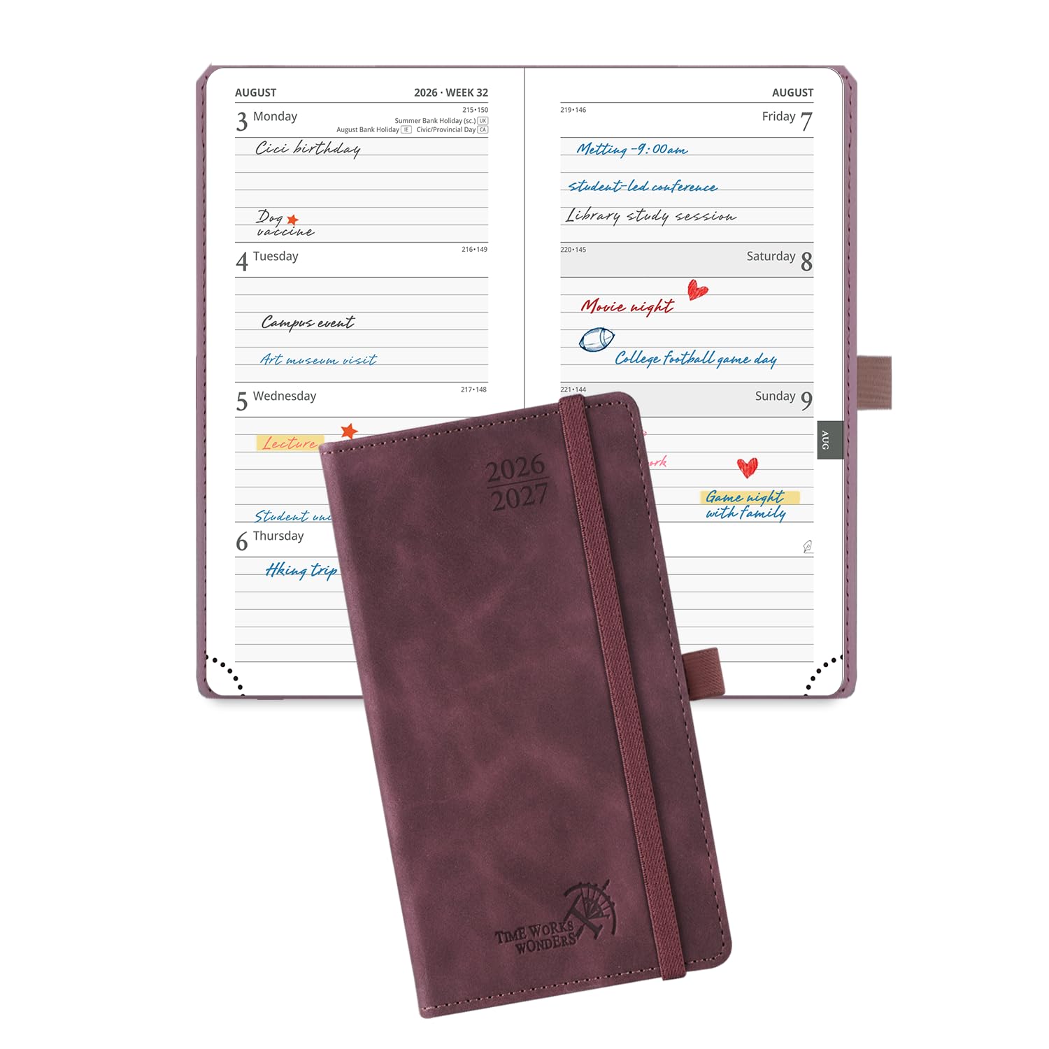 POPRUN 2026-2027 Academic Pocket Diary Week to View Slim (16.5x9 cm) 17 Months (Aug'26 - Dec'27) Small Hard Cover 26/27 Mid Year Weekly Planner for Bag(Claret) โ image 1