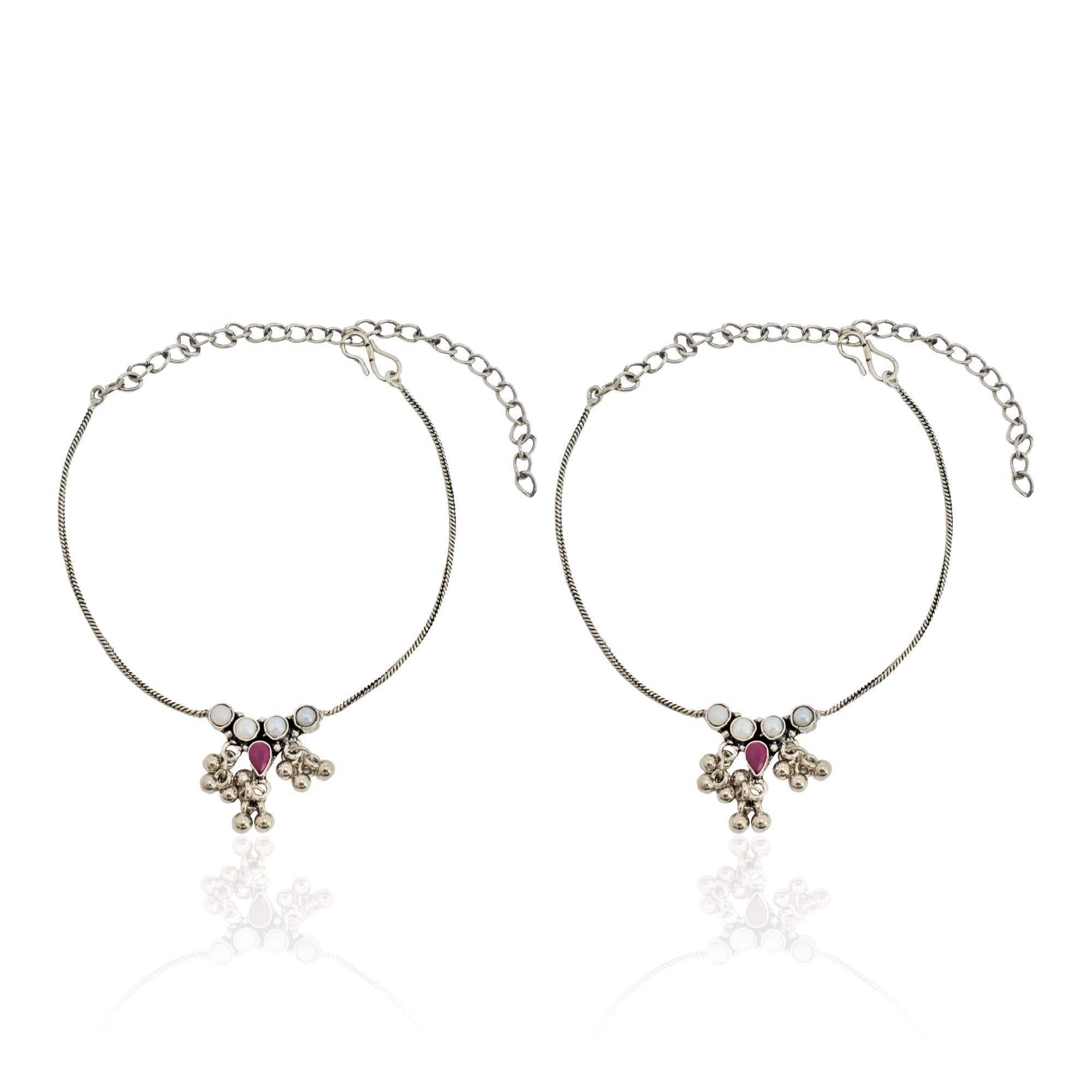yellow chimes Silver Oxidised Traditional Ghunghroo Red Ruby Crystal Studded Anklet for Women & Girls | Traditional, Ethnic, Trendy, Minimal Payal Jewellery | Best for Daily Wear & Occasions-picture-15