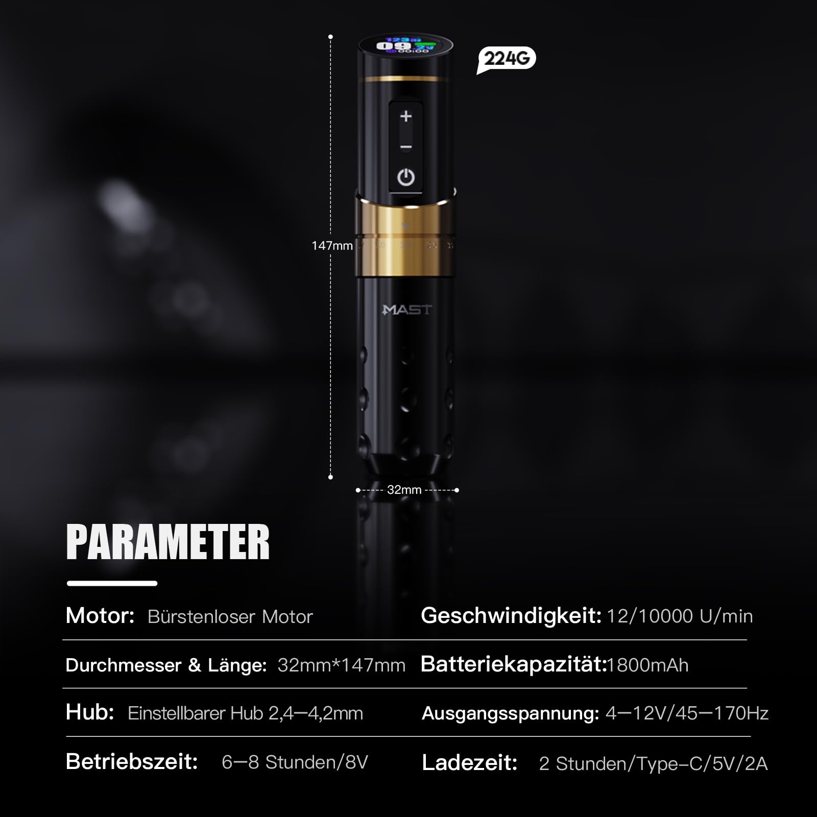 Mast Flip3 Maschine Tattoo Pen ohne Kabel Rotative Tattoo Pistole mit 7 verstellbaren Schlägen 2.4mm - 4.2mm mit 2pcs Batterien 1800mAh Ideal für Anfänger und Tätowierer