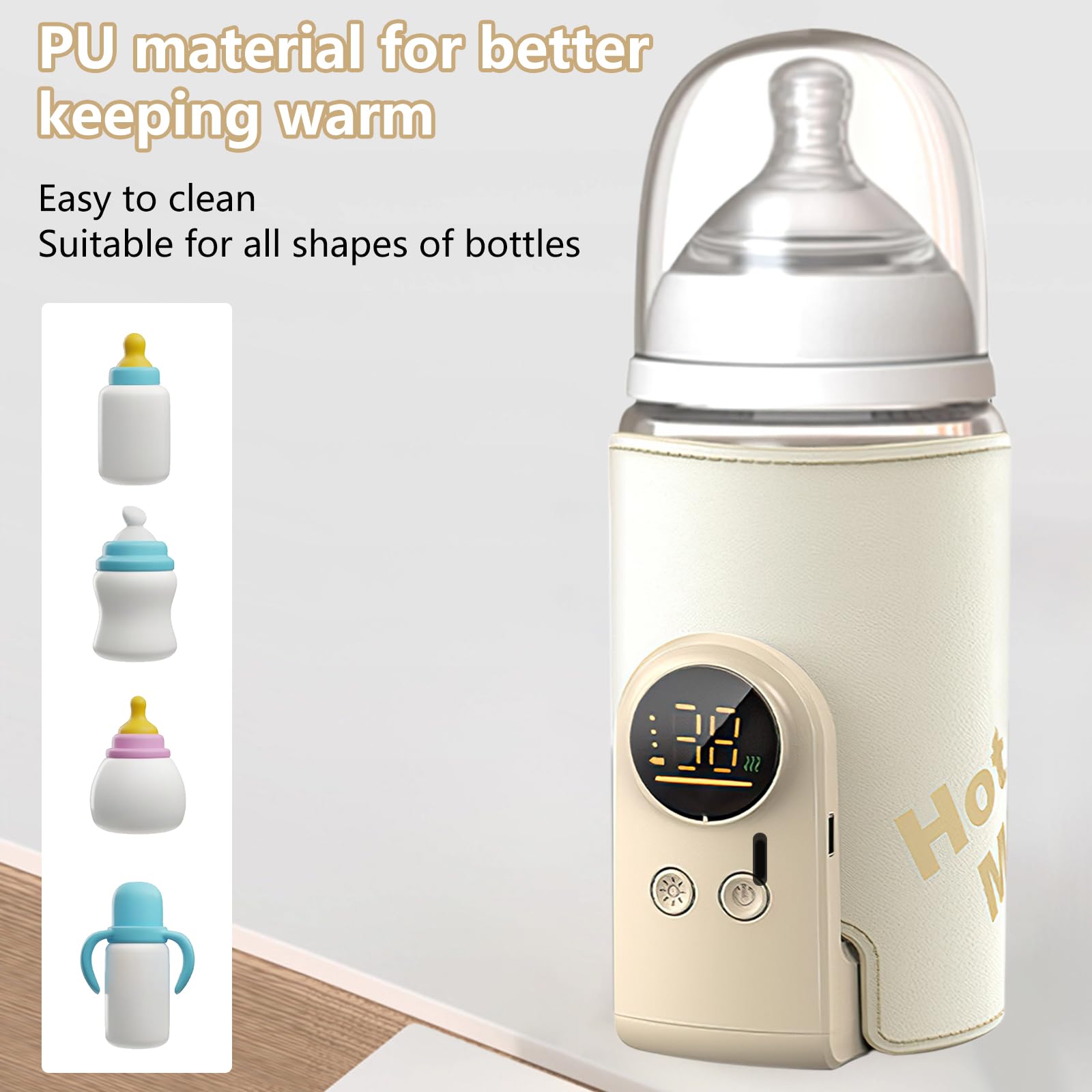 Flaschenwärmer Baby, Tragbarer Flaschenwärmer, Unterwegs mit LCD-Display USB-Ladung Babyflaschenwärmer 6 Einstellbare Temperatur 38-50℃ Muttermilchwärmer Tasche für Unterwegs und Zuhause (Beige)