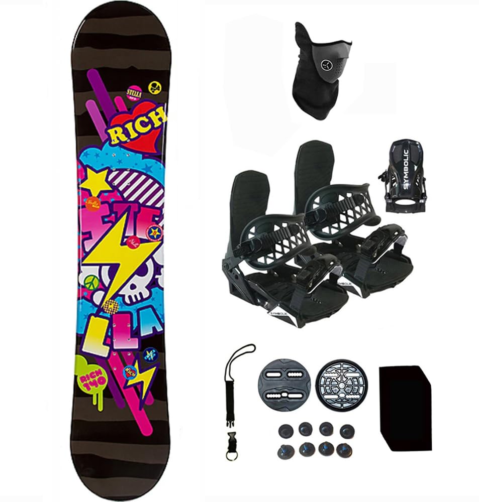 Symbolic Stella 140cm 144cm Snowboard and Black Bindings Package Leash, Stomp, Mask Women Girls Kids (140-Camber+XS Binding(Kid 1-6) az78)