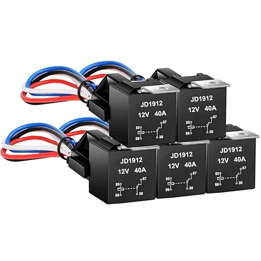 JD1912 Car Relay Harness 12V 40A 4 Pin SPST 12AWG Harness Sockets with Color-Labeled Wires for Automotive Truck Van Motorcycle Boat(Pack of 5)