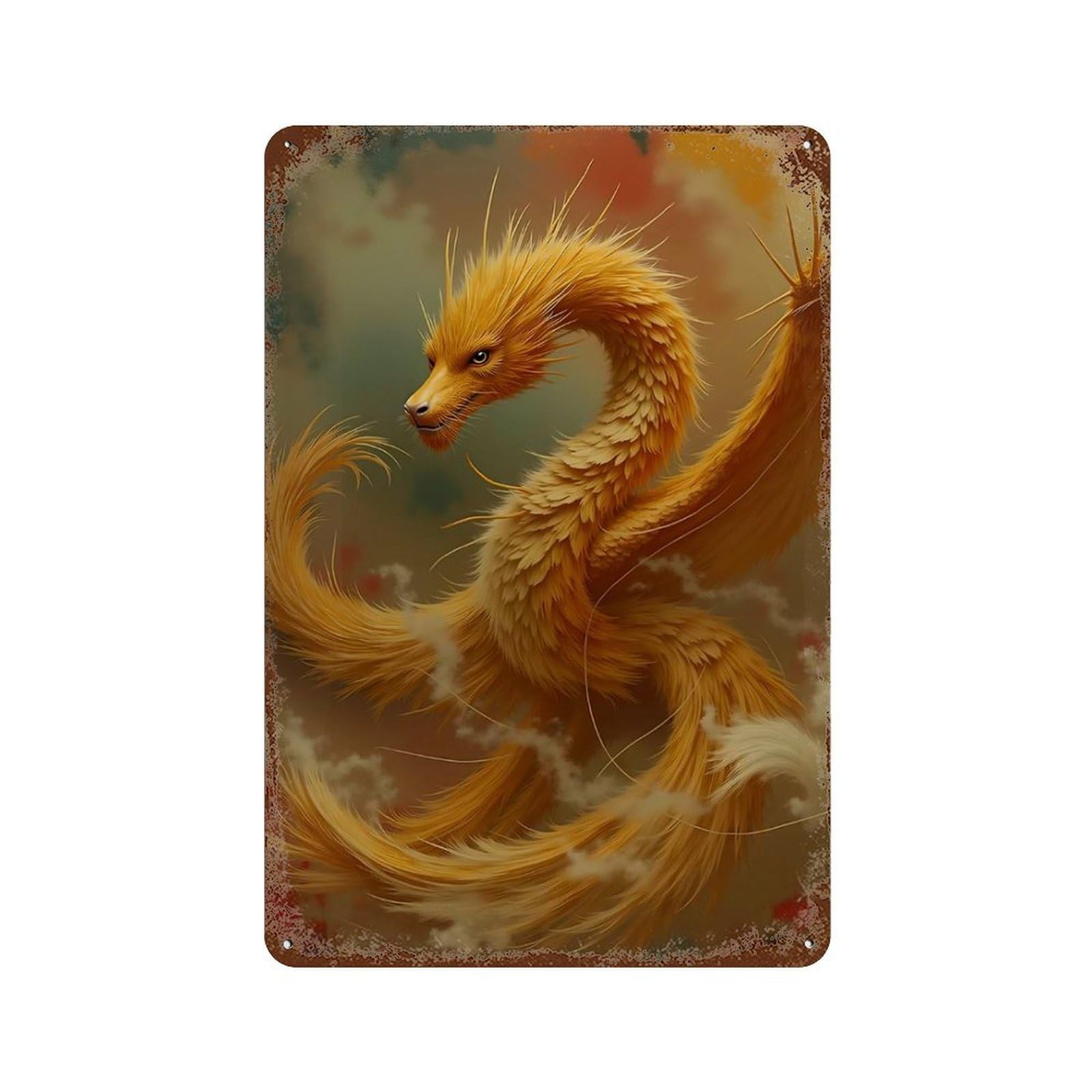 Golden Dragon in Clouds 11.8"x7.9" Vintage Rust Metal Sign, Novelty Wall Decor for Living Room, Hallway And Home Decor