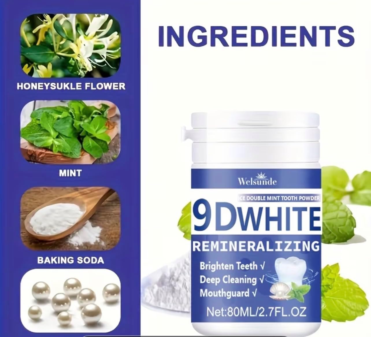 9DWhite Remineralizing Tooth Powder, Double Mint, Brighten Teeth, Deep Cleaning, 2.7 Fl Oz