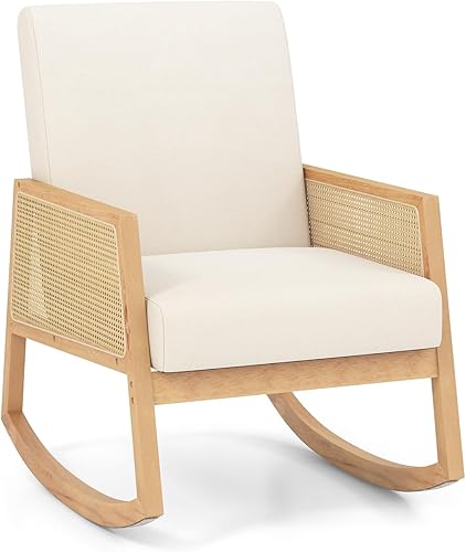 Giantex Mecedora tapizada de tela con reposabrazos, sillón de ratán con asiento acolchado suave, carga máxima de 330 libras, mecedora para