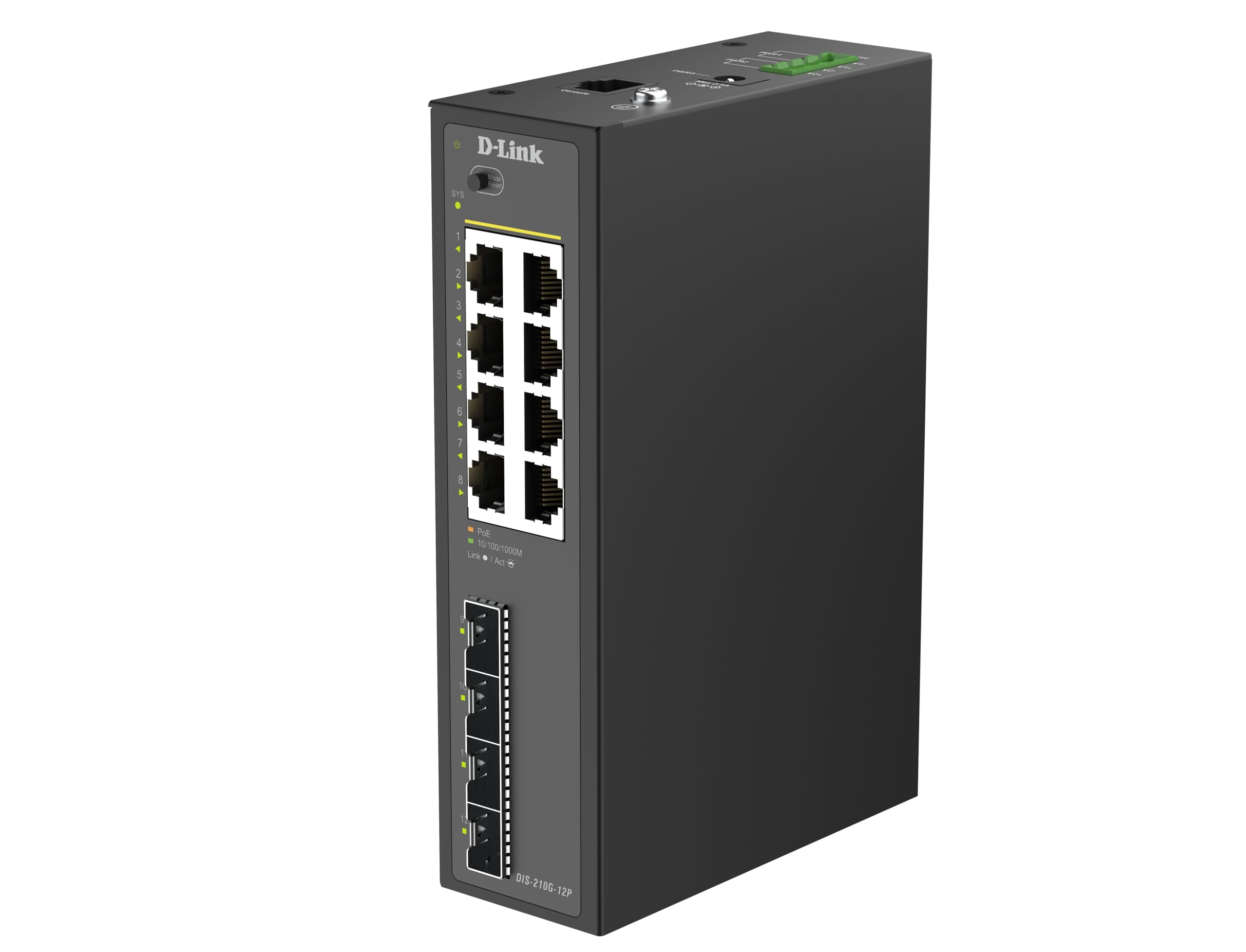 D-Link DIS-210G-12P Switch Industriel Gigabit Smart Managed PoE+, 8 Ports 1G PoE+, 4 SFP, 240W, Montage Rail DIN, IP40, ERPS, Double Alimentation DC, -40 à 75°C