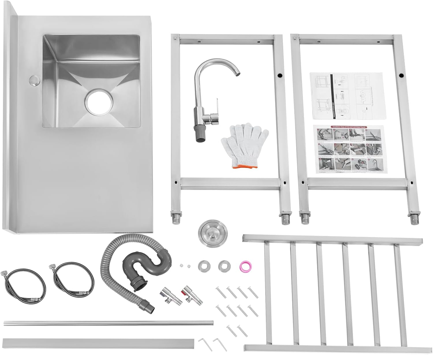 Kitchen Sink with 1 Base, Stainless Steel, Reinforced Worktop, 360° Swivel Faucet, Ventilated Storage Shelf, for Kitchen, Laundry Room, Restaurant (Right Hand Bask)