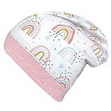 Wollhuhn ÖKO Leichte Weiche Mädchen Beanie-Mütze Elastisches Bündchen (aus Öko-Stoffen, Bio) 22222222 (Regenbogen Weiß/Rosa, S)