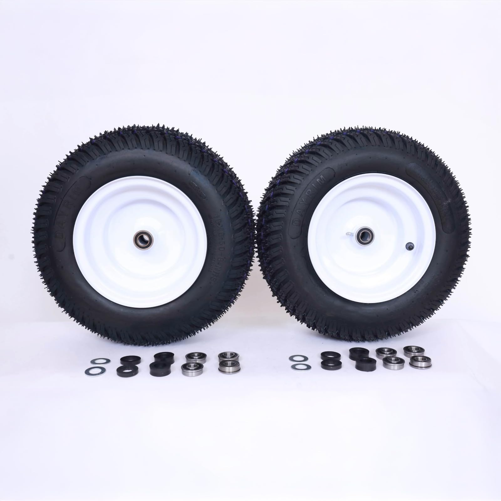 Dayrim 2 neumáticos para cortacésped de 16 x 6.50-8 con borde blanco, 4 capas sin cámara, cubo de desplazamiento de 3 pulgadas, rodamiento de orificio de 3/4 pulgadas, montaje de ruedas y neumáticos