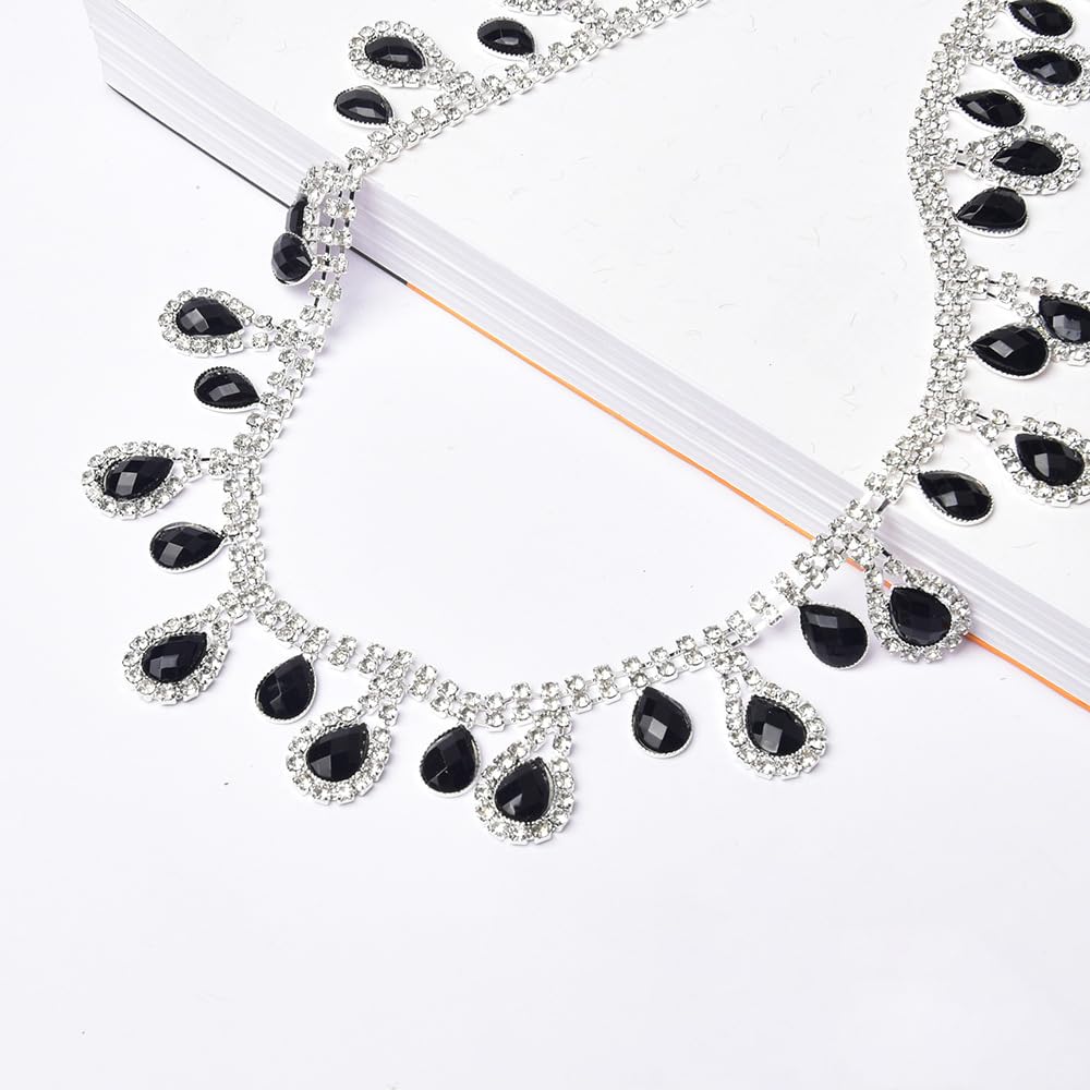 GorinsKani 1Yard Pearl Rhinestone Trim Fringe Ribbon Tassel Chain Irregular Diamond Crystal Beaded Fringe Belt for DIY Sewing Clothing Craft Wedding Decoration (Silver White Black Pendant Chain)