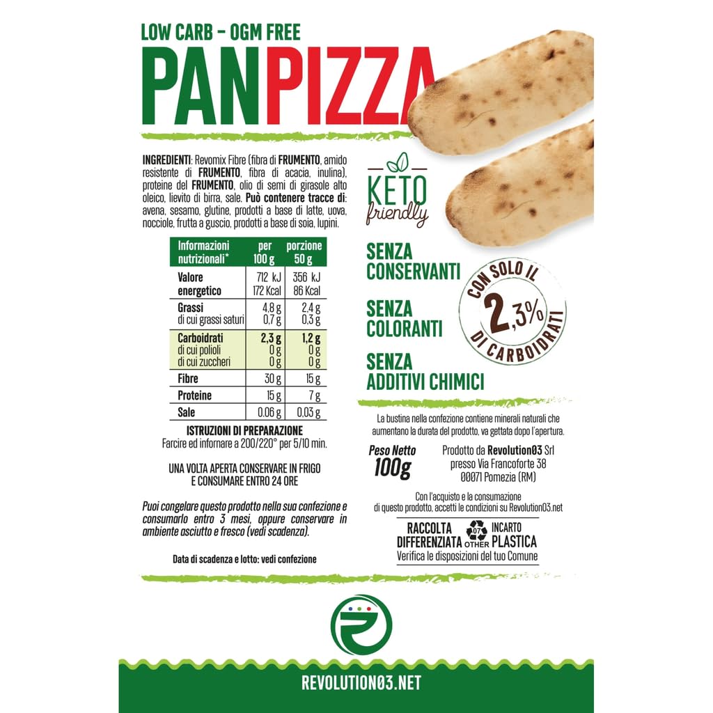 RevoPanPizza Keto Low Carb, Panpizza Cheto Proteica 50g, Solo 2.3% Carboidrati, Senza Conservanti e Coloranti, OGM Free - 4 Confezioni da 2 PanPizza ciascuna - 1 PanPizza da 50g