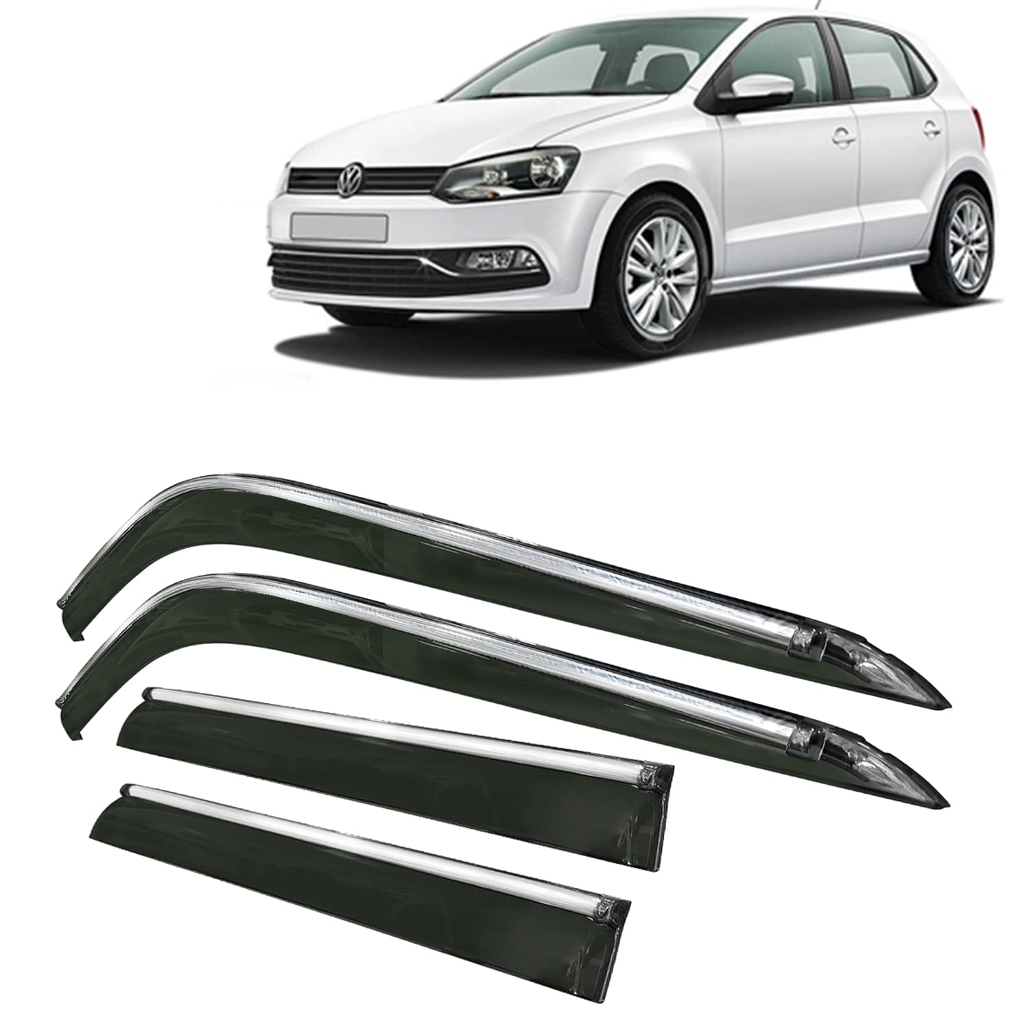KINGSWAY® Polo Side Door Visor Car Rain Guard Compatible with Volkswagen Polo (Year 2009 to 2022) All Model - Chrome Lined Rear Window Wind Deflectors, Polycarbonate, Smoke, Set of 4 Pcs