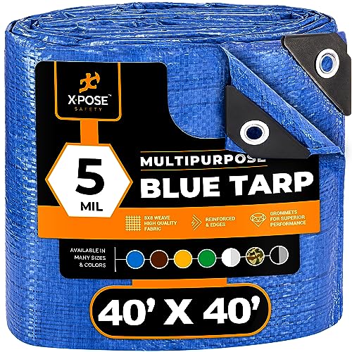 Better Blue Poly Tarp 40 x 40 - Multipurpose Protective Cover - Lightweight Durable Waterproof Weather Proof - 5 Mil Thick Polyethylene - by Xpose Safety