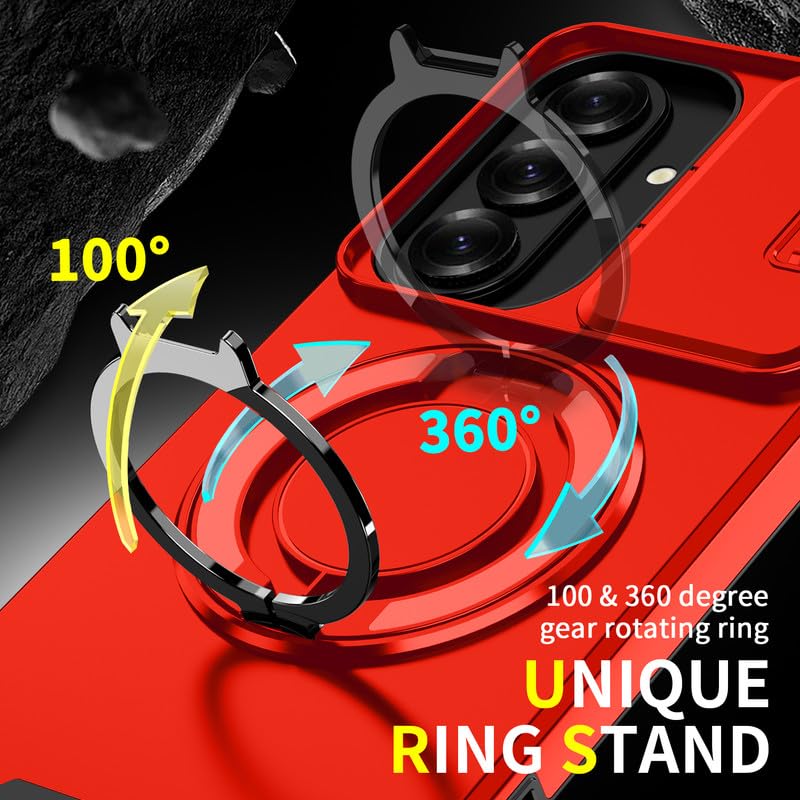 Image of LuxuryKase Shockproof Rugged Case for Samsung Galaxy S26 Plus | Slide Camera Cover | 360 Rotating Ring Kickstand | Military-Grade Protection - Cherry Red
