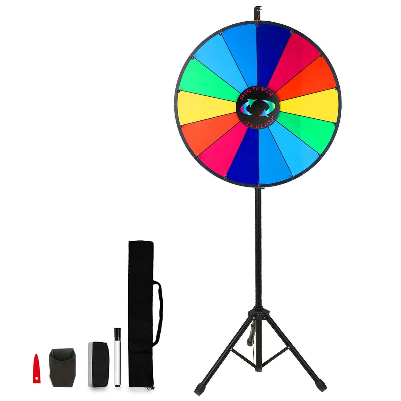 iElyiEsy Spinning Prize Wheel 24 inch with Folding Tripod Floor Stand 44”- 60” Height Adjustable 14 Slots Color Spin Wheel Spinner Game with Dry Erase & Marker Pen for Trade Show