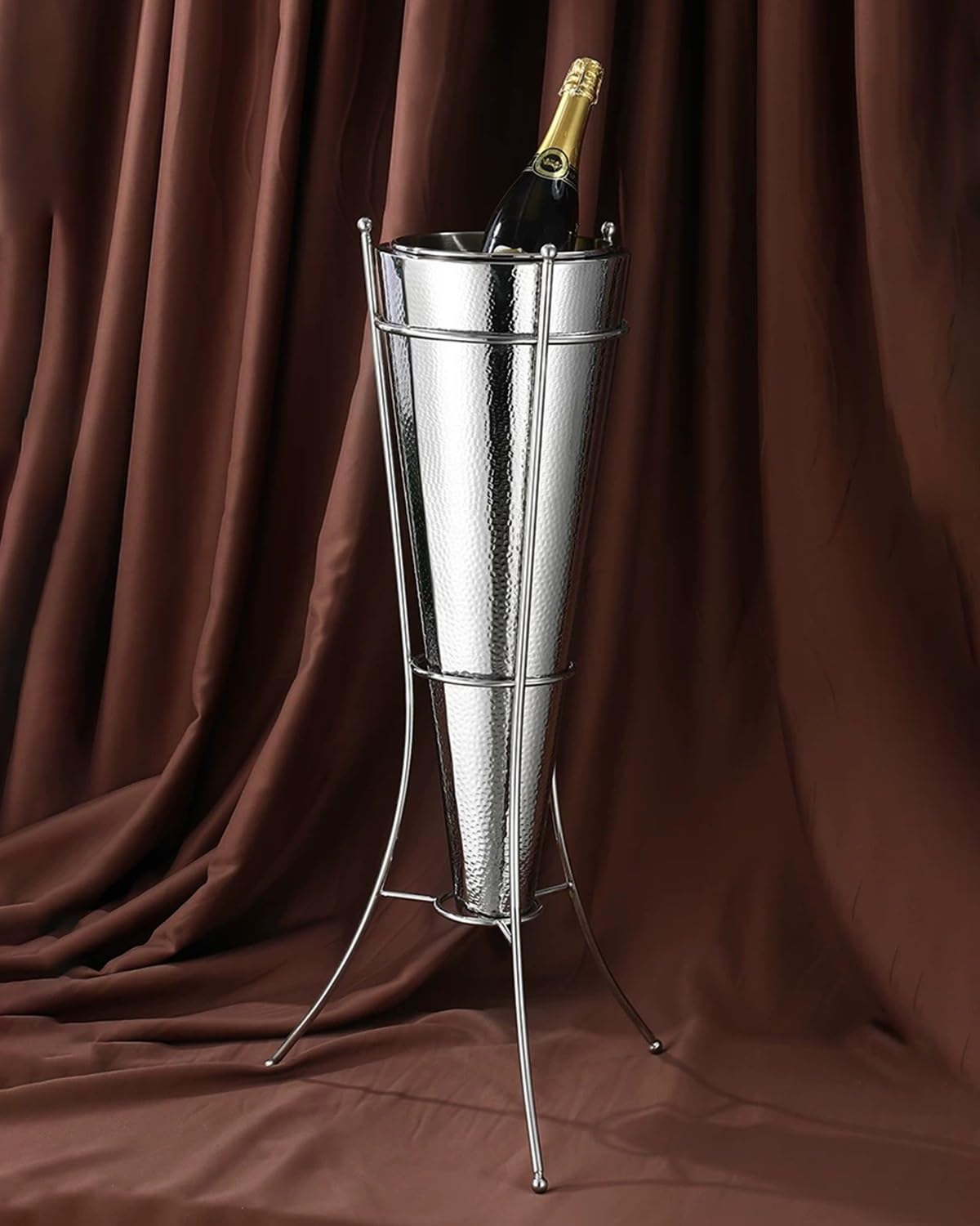 Bañera plateada de acero inoxidable con soporte, elegante cubo de hielo para champán y vino, enfriador grande de hielo martillado de pie para reuniones