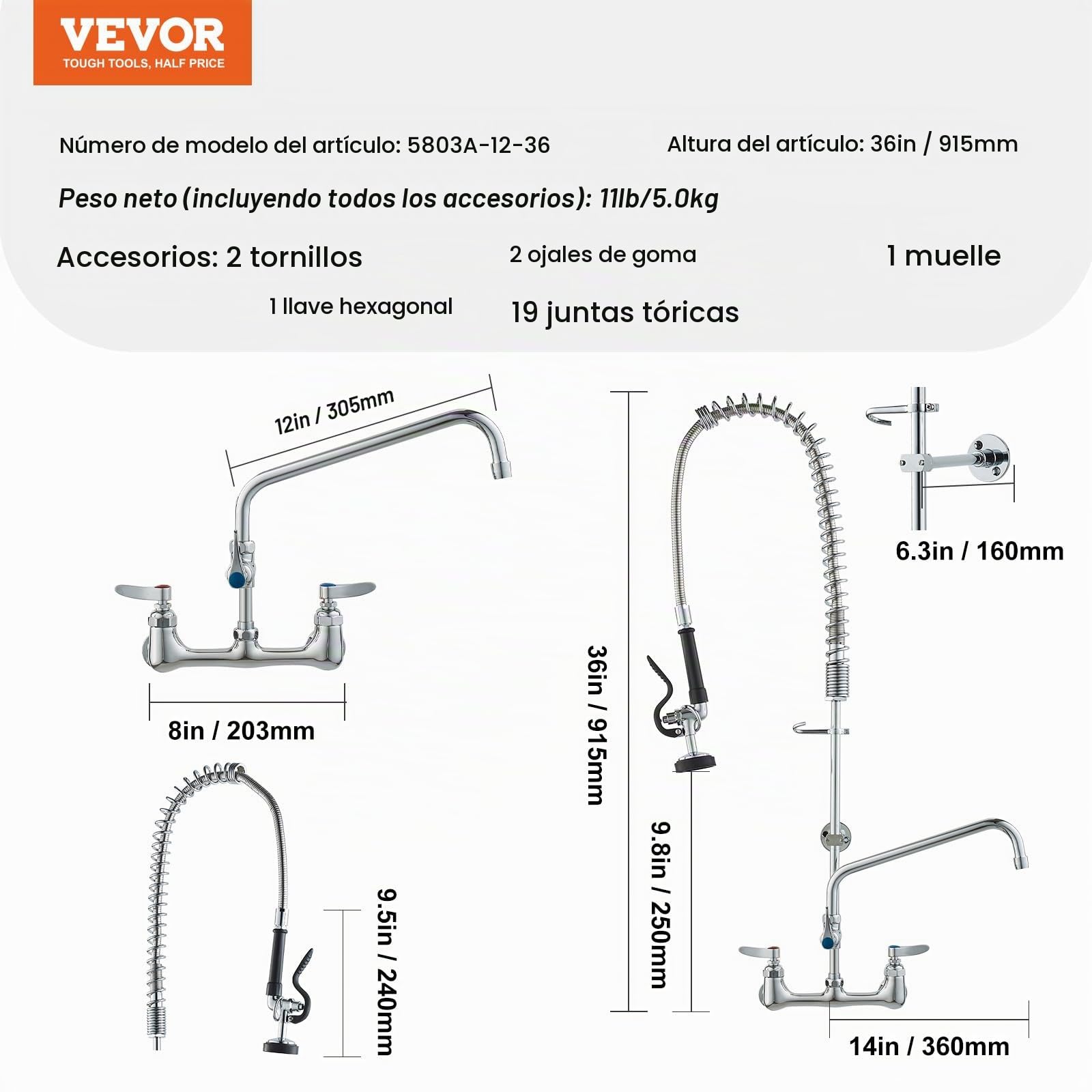 VEVOR Grifo Comercial con Rociador de Preenjuague, 91,44 cm de Altura, 20,32 cm de Centro, Caño Oscilante, Grifo para Fregadero de Cocina de Montaje en Pared, Dispositivo Construido en Latón