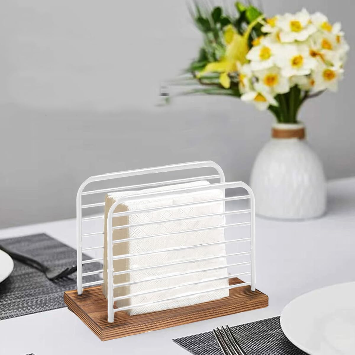 Lot de 8 Porte-Serviettes sur Pied, Porte Serviette à Poser en Bois/métal Coloris Blanc/Naturel- Longueur 14 x Profondeur 6 x Hauteur 12.5 cm -JUANIO -