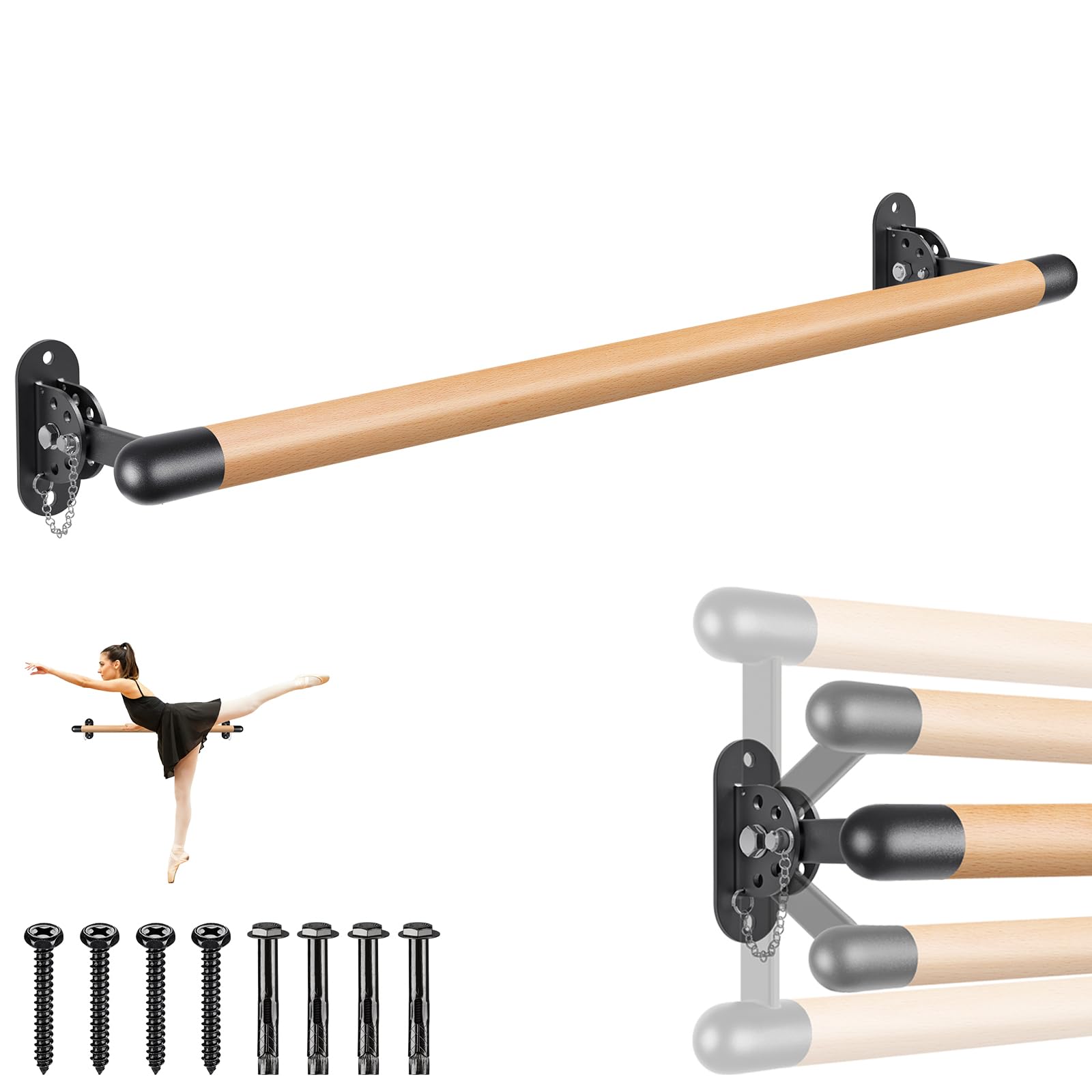 Dolibest Barre de Ballet, 0.9-2.5M Barre de Danse Murale en Bois Ajustable pour l'équipement d'étirement de Barre d'entraînement à Domicile avec Support Métallique pour Enfants/Adultes, 4cm Diamètre