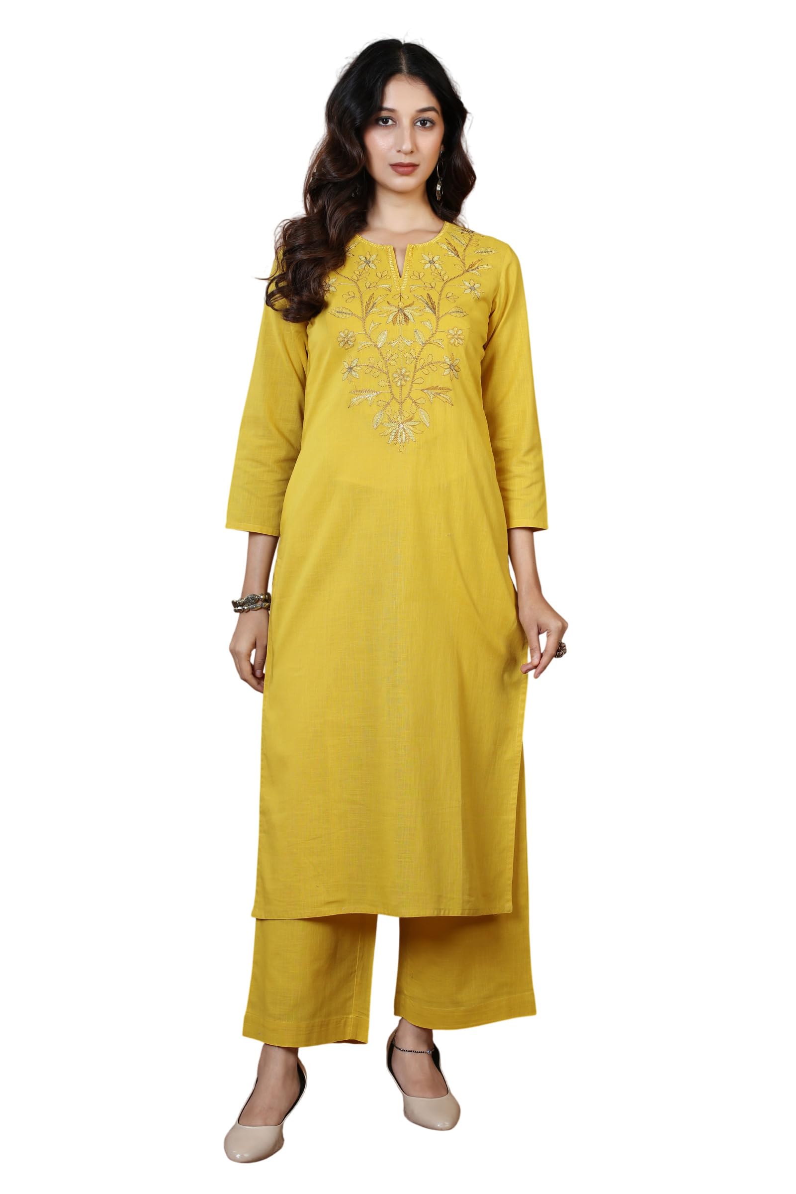 cotton culture Yellow Floral Embroidered Pure Cotton Ethnic Co-Ord Set-XS-picture-34