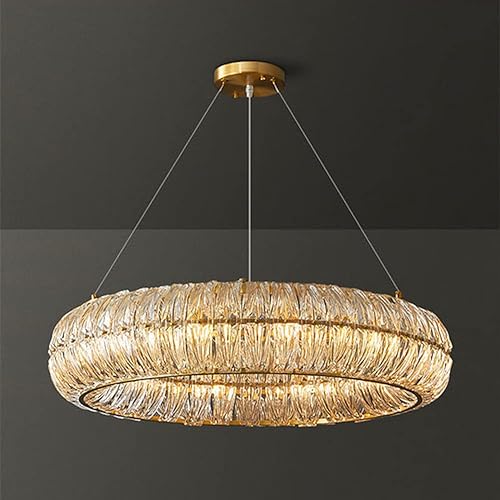 FINE MAKER Modern Round Crystal Chandelier Light Fixture, 8-Light Luxury Gold Crystal Pendant Lights, Semi Flush Mount Pumpkin Chandeliers for Living Room Kitchen Island Bedroom D23.6 x H39.4…