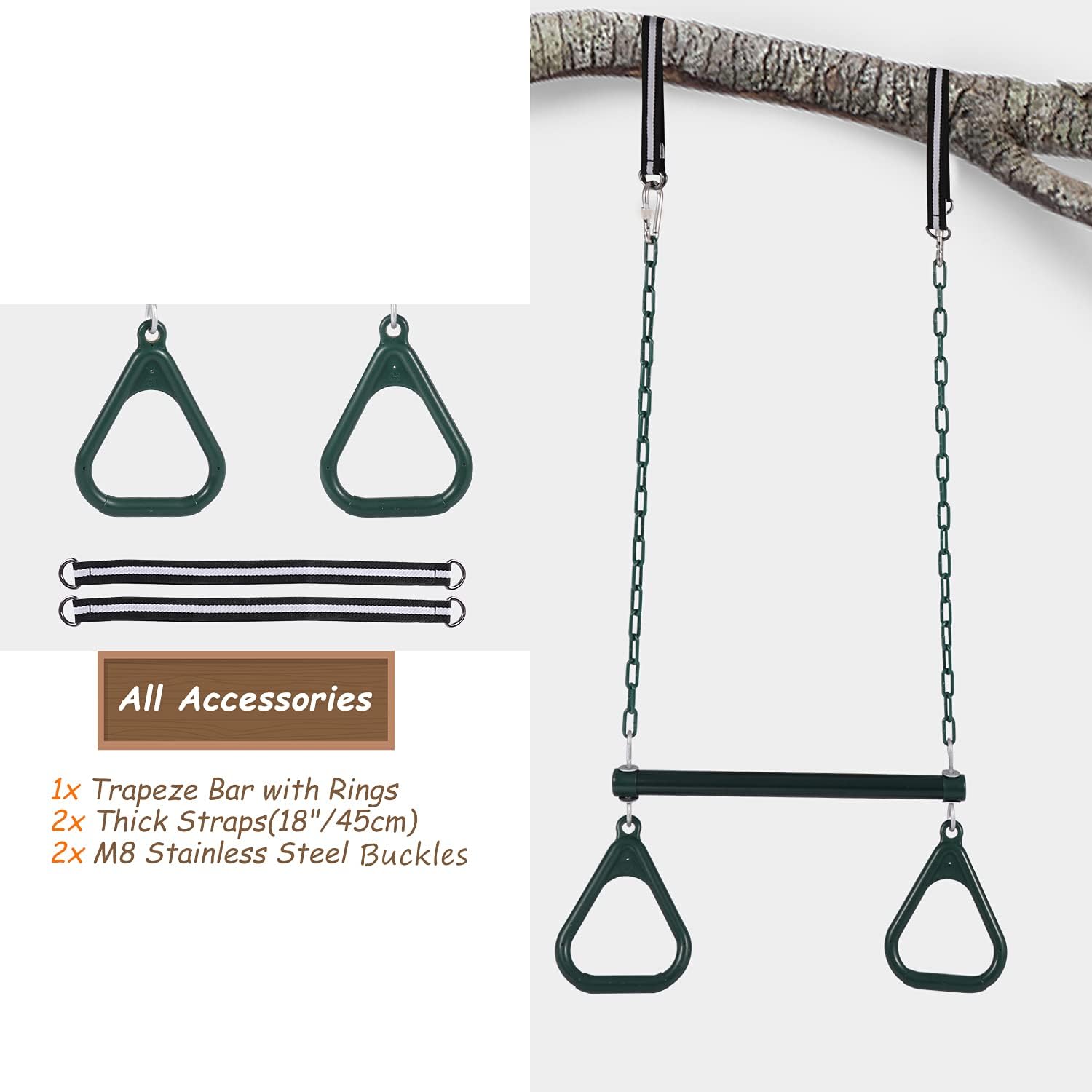 REDCAMP Trapeze Bar for Swing Set Playground, Heavy Duty 18" Trapeze Swing Bar with Rings and Adjustable Chains 37" Long, Green : Toys & Games