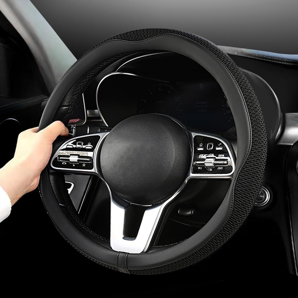 Carodi Funda para volante, universal de 15 pulgadas, piel de microfibra, tela de tecnología transpirable, antideslizante, cómoda, cálida en invierno y fresca en verano, (negro)