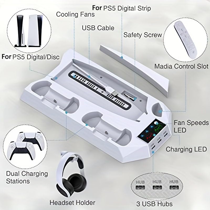 Image of Stand for PS5 Consoles Models, Pa5 Cooling Station for Original with 2 Controller Charging Station, 3 Level Quiet Cooling Fan