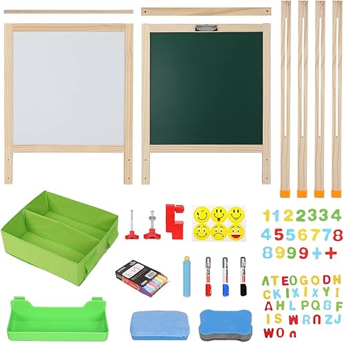 Miniatura 7 de 2 in 1 Kids Art Easel Chalkboard and Whiteboard Height Adjustable Wooden Easel with Paper Roll Holder Magnetic Letters Numbers Stickers Storage and