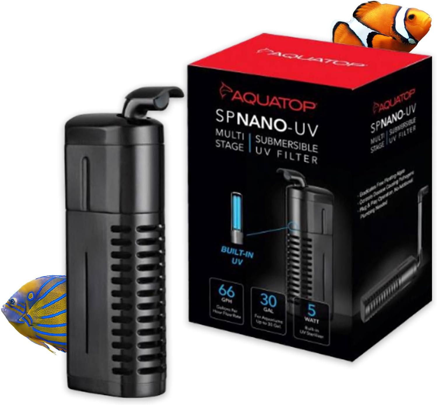 Aquatop 5W Submersible Nano Filter – for 10-30 Gallon – 66 GPH Flow Rate – for Crystal Clear Water – Ideal for Fresh & Saltwater Use – SPNANO-UV