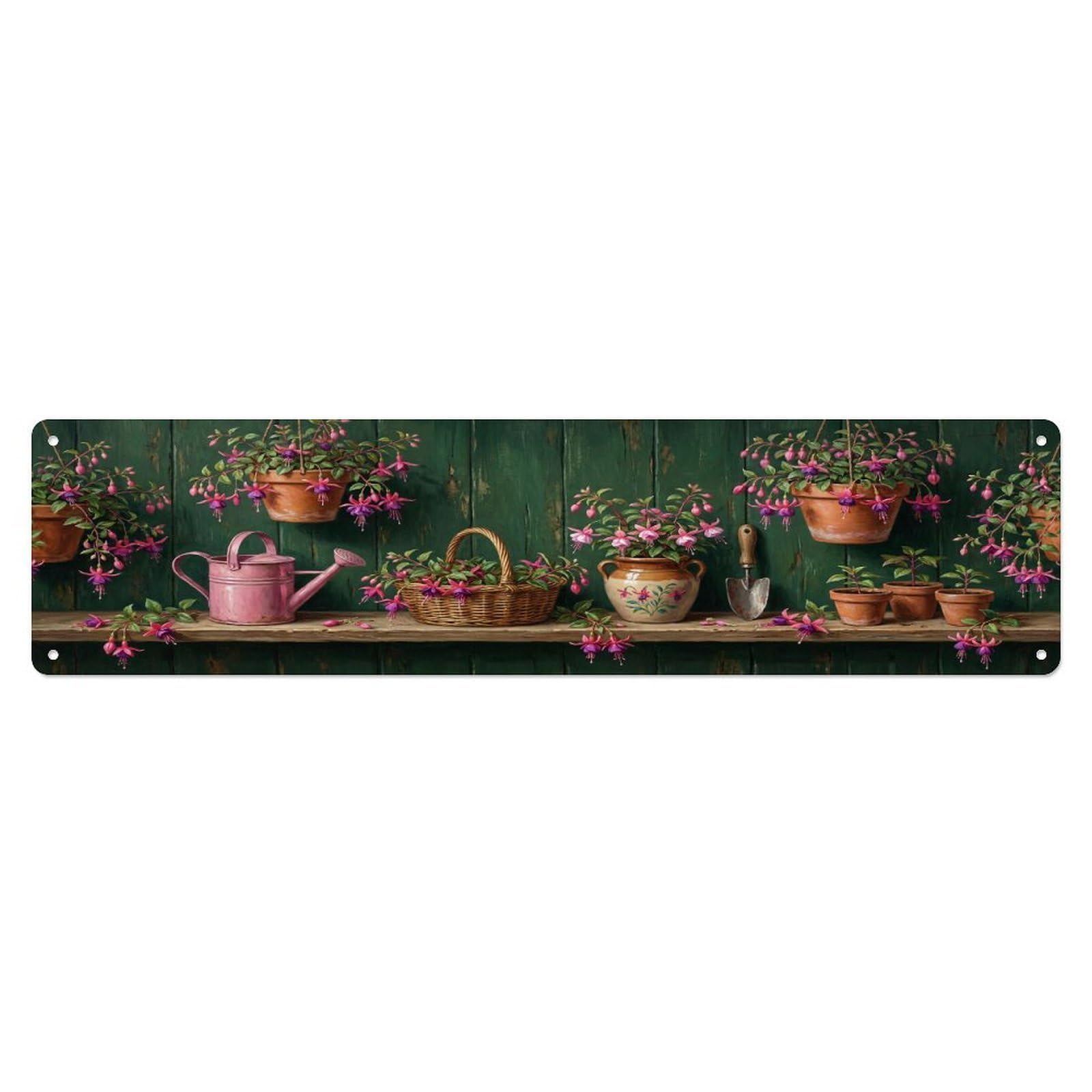 Floral Garden Tools Fuchsia Hanging Pattern Print Metal Tin Sign