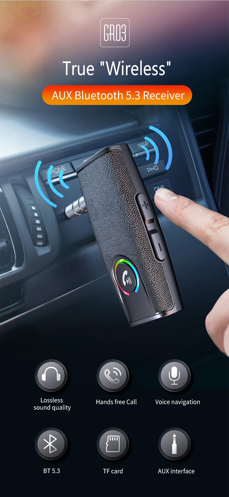 Bluetooth Empfänger für Auto, Bluetooth 5.3 AUX Adapter, Drahtloser Empfänger Sender mit LED-Anzeige, Audio-Empfänger für alte Lautsprecher/Telefon/Kopfhörer/PC, unterstützt 2 Geräte, geringe