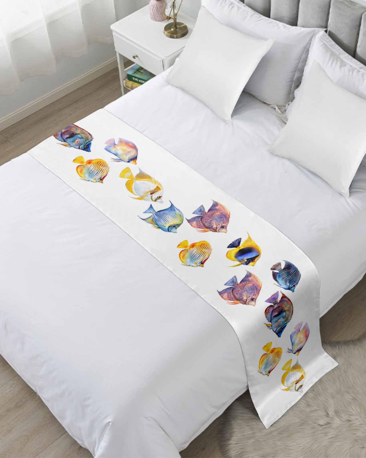 Yukro Gradient Bed Runner Scarf, Marine Life Retro Watercolor Colorful Gradient Fish Twin Bed Scarf Runner, No Fading Decorative Bedding Scarf for Bedroom Hotels Homes and Guestrooms