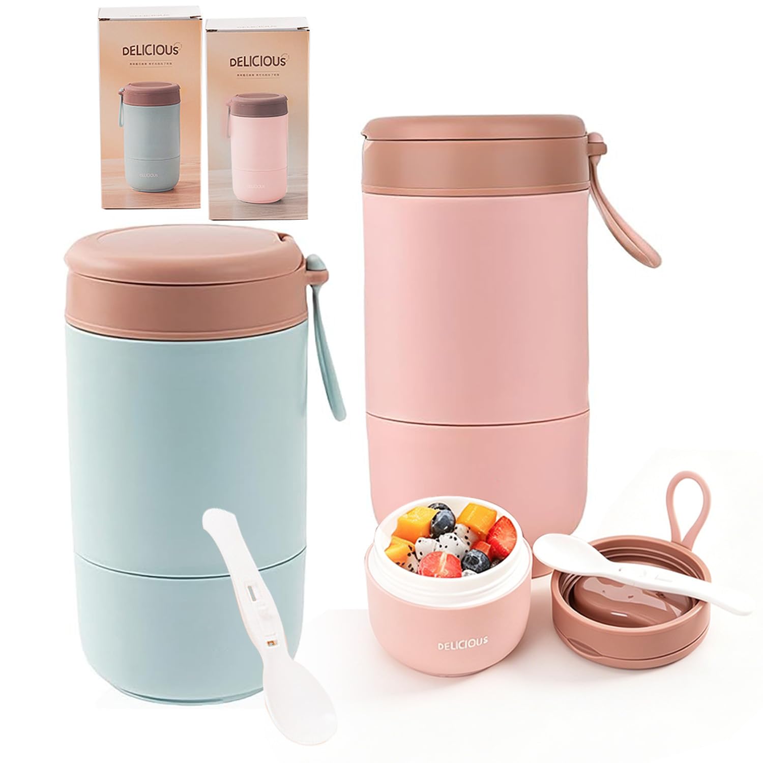 2 Stk Müslibecher To Go mit Deckel, PP-Material Porridge Becher 730ml Auslaufsicher Joghurtbecher to go mit Löffel, Doppelschicht Auslaufsicherer Einmachgläser Perfekt für Arbeit Schule Picknick