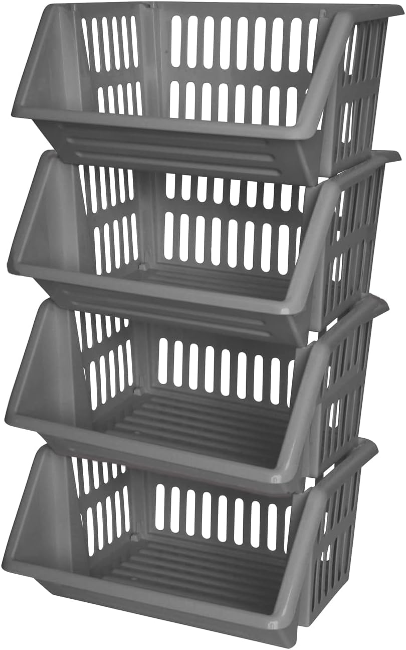 Large Plastic Stacking Baskets (Set of 4) MultiPurpose Storage Rack