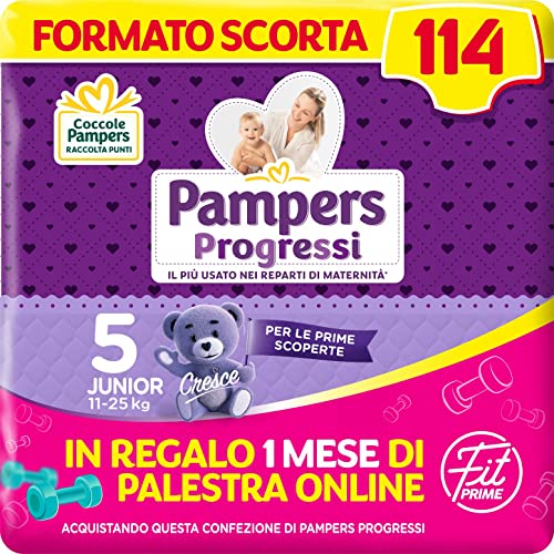 Pampers Progressi & Fit Prime Junior, Formato Scorta, 114 Pannolini, Taglia 5 (11-25 Kg), 1 mese di palestra online in...