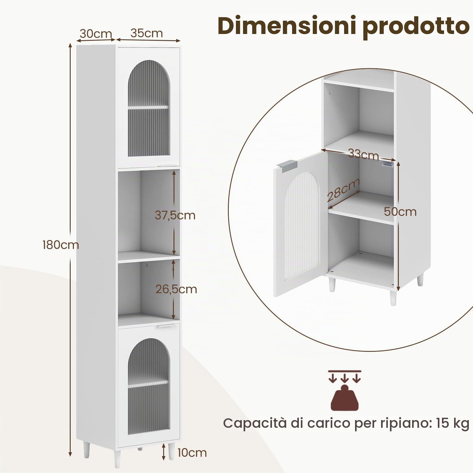 LIFEZEAL Mobile Bagno Salvaspazio Bianco, Colonna Bagno Alto, Stretto, 35x30x180cm, Credenza Cucina, Armadio Dispensa, Mobiletto, con 2 Ante in Vetro, Ripiani Regolabili, Scomparti, in Legno, Max 90kg