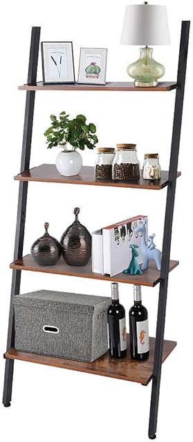 Greensen Ladder Shelf Industrial Ladder Shelf Leaning Wall 4-tier Ladder Shelving Unit Leaning Storage Rack with Metal Frame, Bookcase Wood Ladder Shelves for Living Room Bedroom Home Office