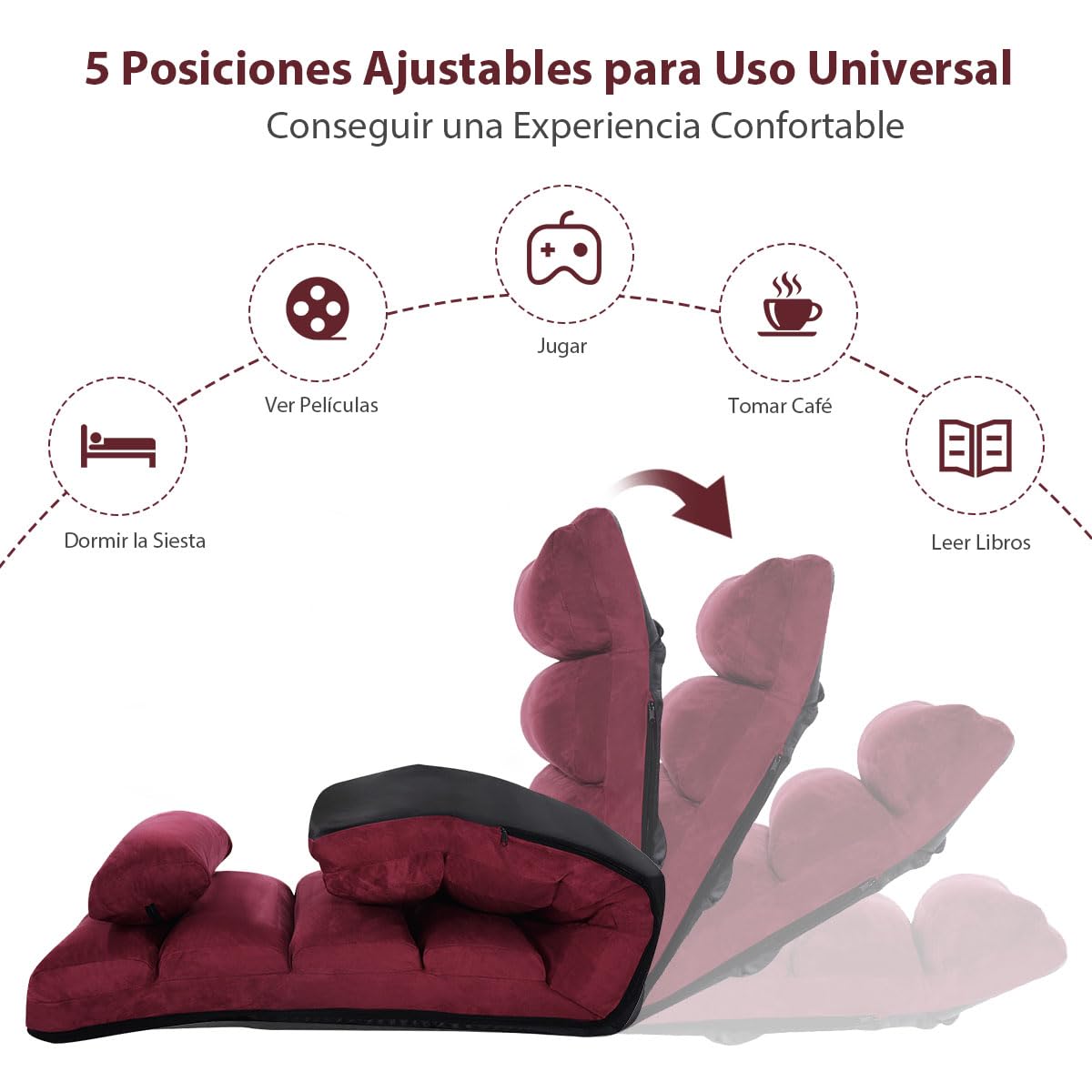 RELAX4LIFE Sedia Pieghevole da Pavimento con Schienale Regolabile, da Terra Imbottita, con Cuscino Morbido, Struttura Resistente, Ideale per Gioco e Lettura (ROSSO)