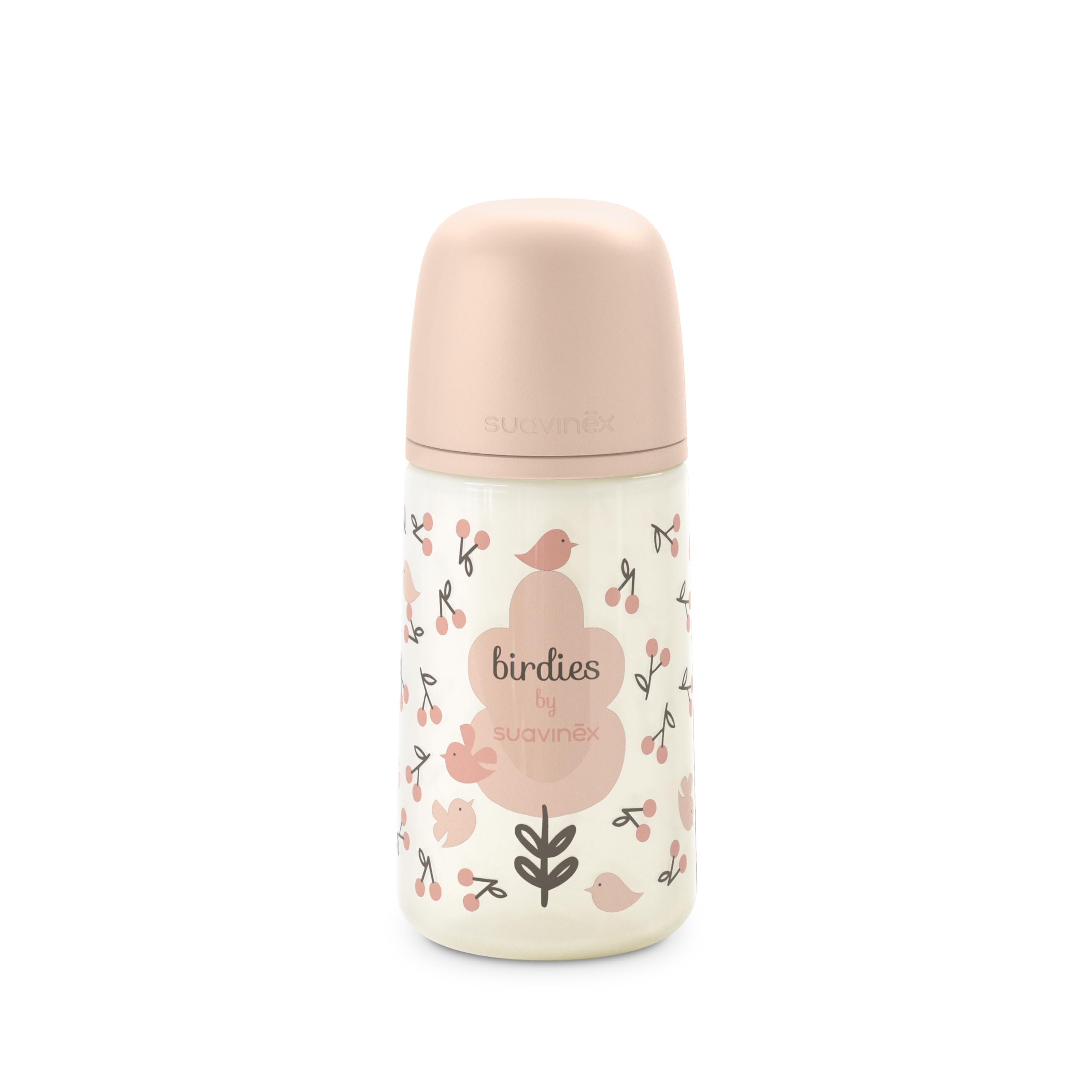 Suavinex, Biberon Anticolica da 270 ml con Tettarella Fisiologica SX Pro in Silicone, Flusso Medio (M), per Liquidi a Media Densità, Latte, Succhi o Acqua. Neonati +3 Mesi. Birdies, Rosa