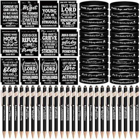 Estune 72 Pcs Christian Gifts Set Bulk Bible Notebooks Christian Scripture Ballpoint Pens Bible Quote Bracelets Motivational Christian Gifts for Women Men School Office Supplies (Classic Style) Cover
