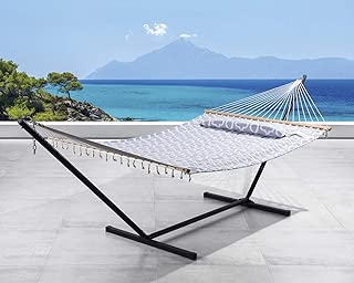 SUNCREAT 2 Person Double Hammock with 12 Foot Steel Stand, Includes Quilted Fabric Bed and Pillow, Grey - coolthings.us